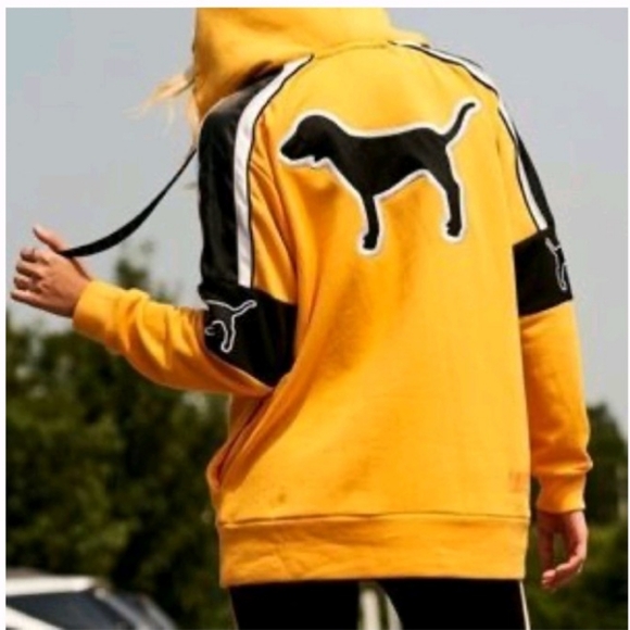 PINK Victoria's Secret Tops - PINK VS Satin Dog Fleece Lined Hood Quarter Zip Up Sherpa Hoodie Gold, Blk/White